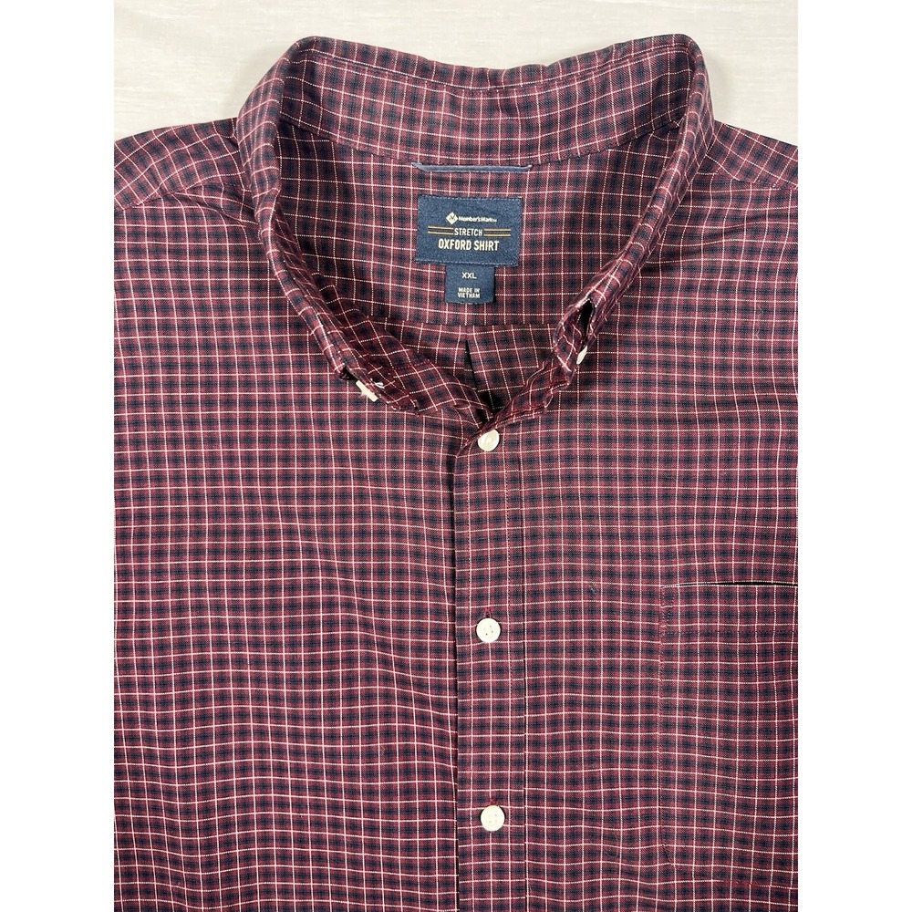 Member's Mark XXL Stretch Oxford Shirt Red Blue Plaid Long Sleeve Button Up